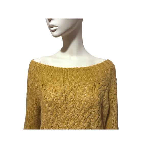 Vintage Cable Knit Sweater XL Off Shoulder Flutter Cuffs Gold Metallic Cozy - Picture 4 of 7
